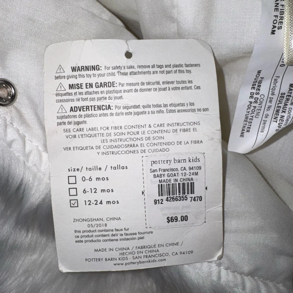Pottery Barn Kids Baby Goat Furry Hooded Costume Button Closure NEW 12-24MO